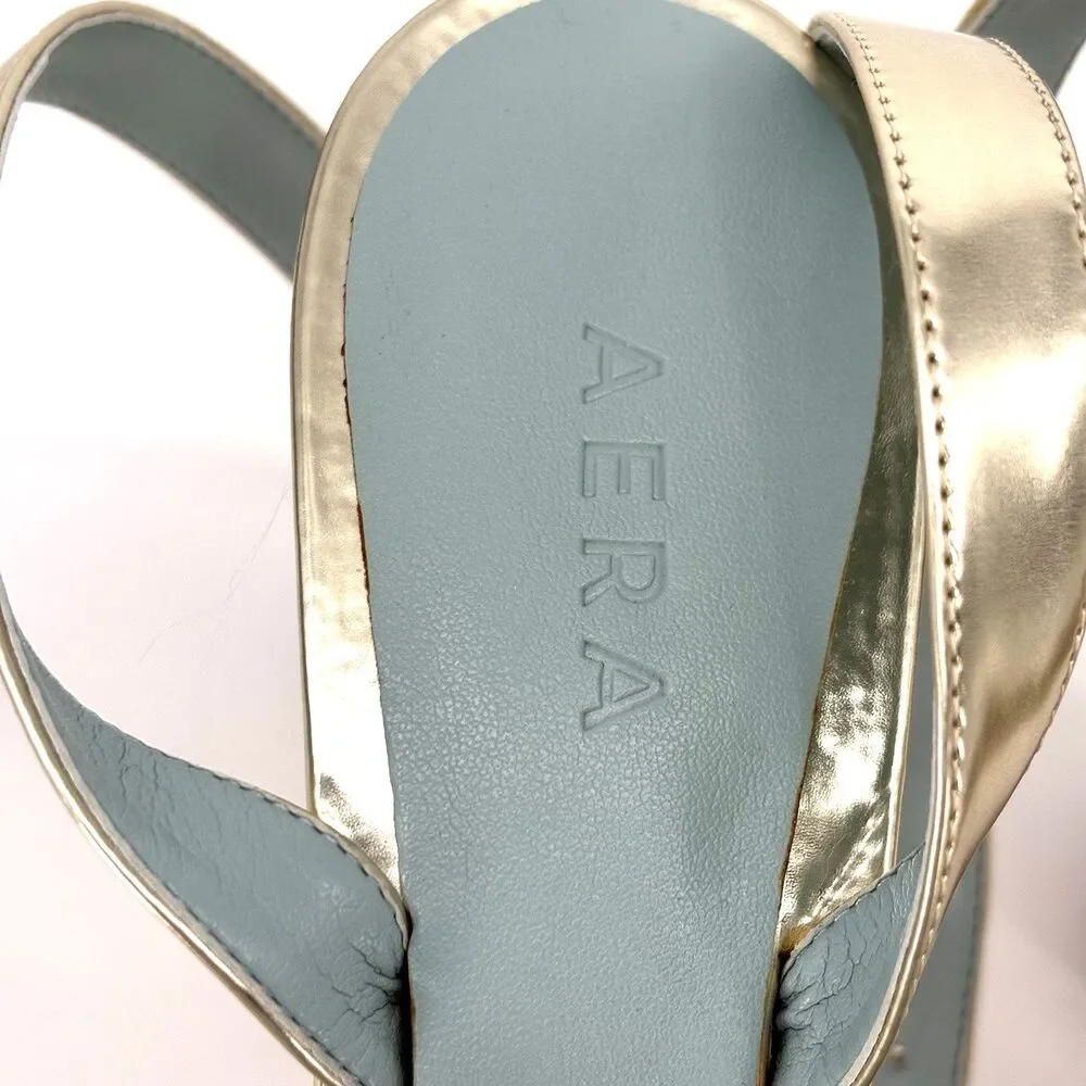Aera Bianca Platform Block Heel Sandal Gold Python-Effect 8.5 Dust Bag/Box $395